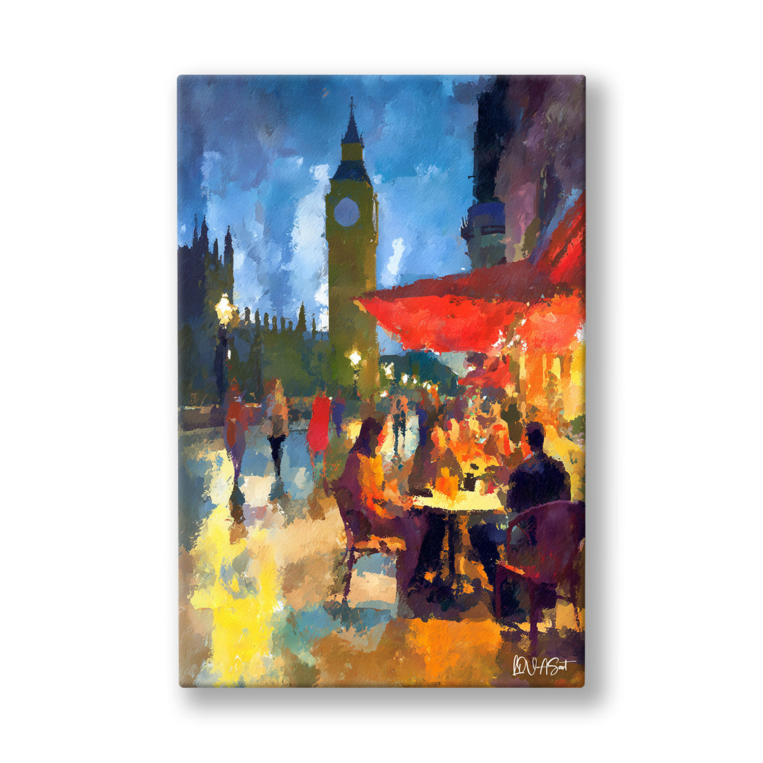 Londra Kafesi kanvas tablo — Yağmurlu mavi bir akşamda Big Ben'e bakan kırmızı tenteli kafe.