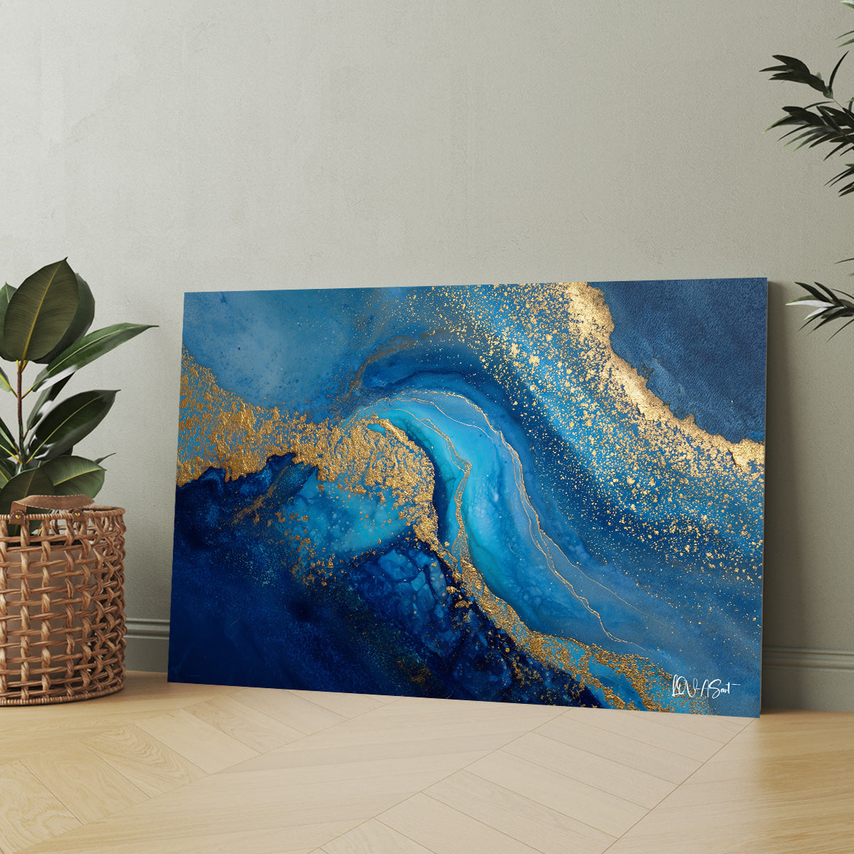 Mavi Altın Dalga kanvas tablo — iç mekân uygulama örneği
