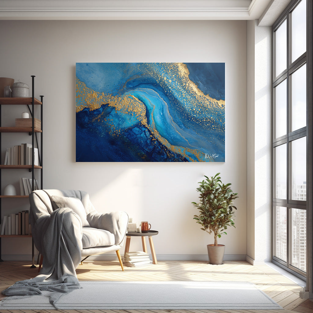 Mavi Altın Dalga kanvas tablo — farklı açıdan görünüm