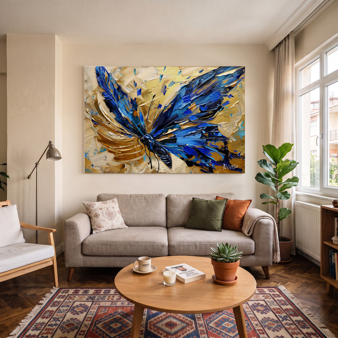 Mavi Altın Kelebek kanvas tablo — duvarda dekorasyon görünümü