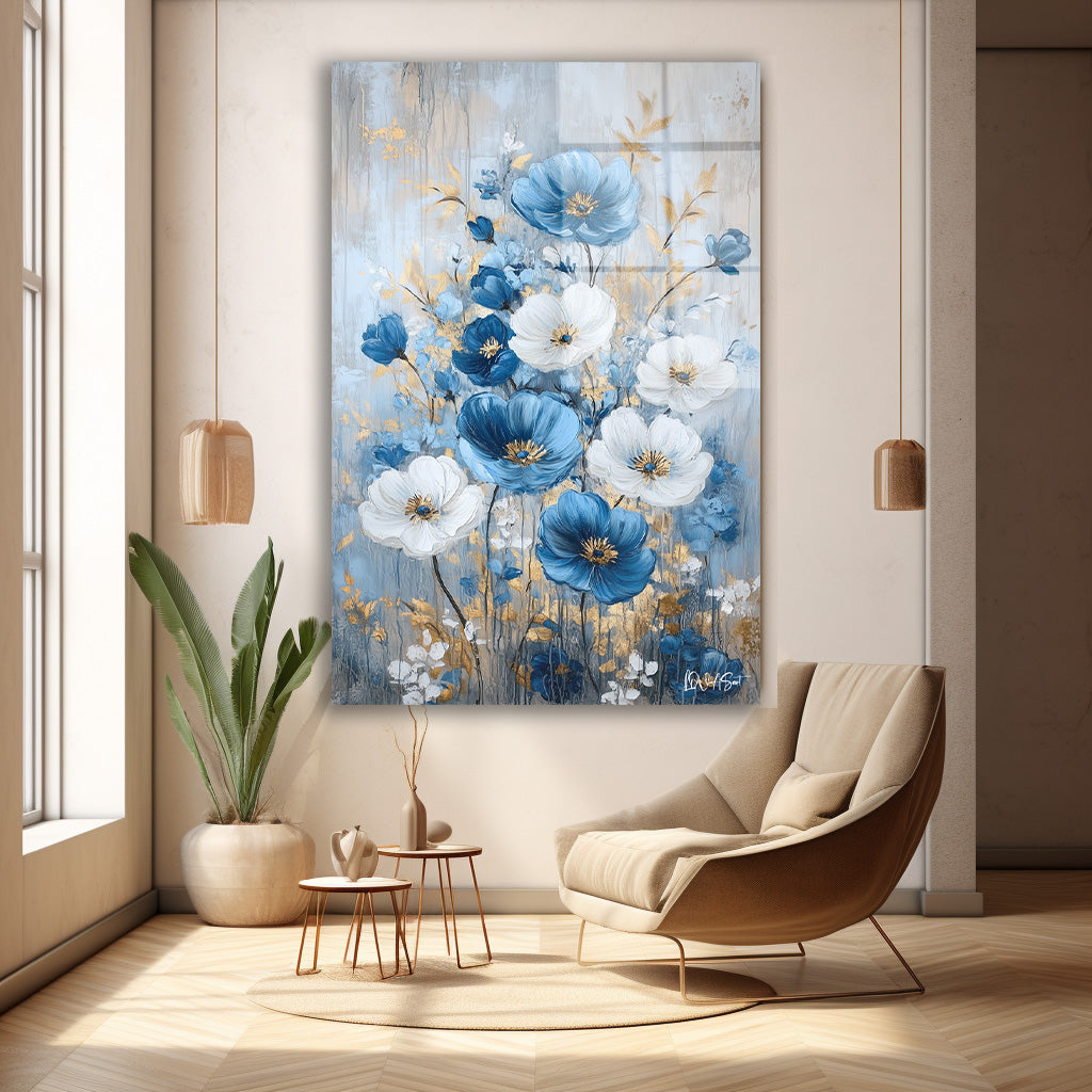 Mavi Beyaz Buket cam tablo — farklı açıdan görünüm