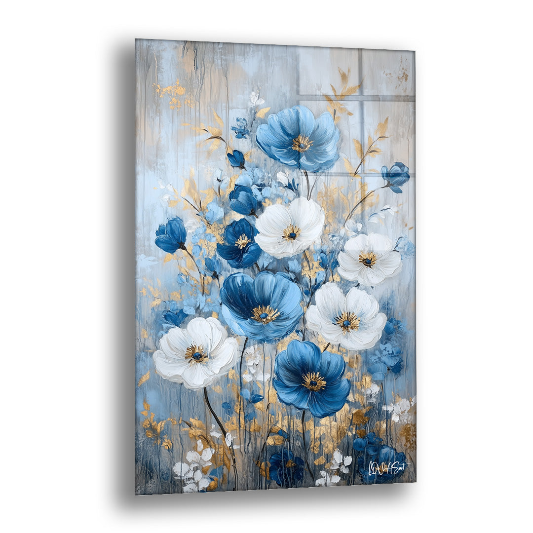 Mavi Beyaz Buket - Cam Tablo