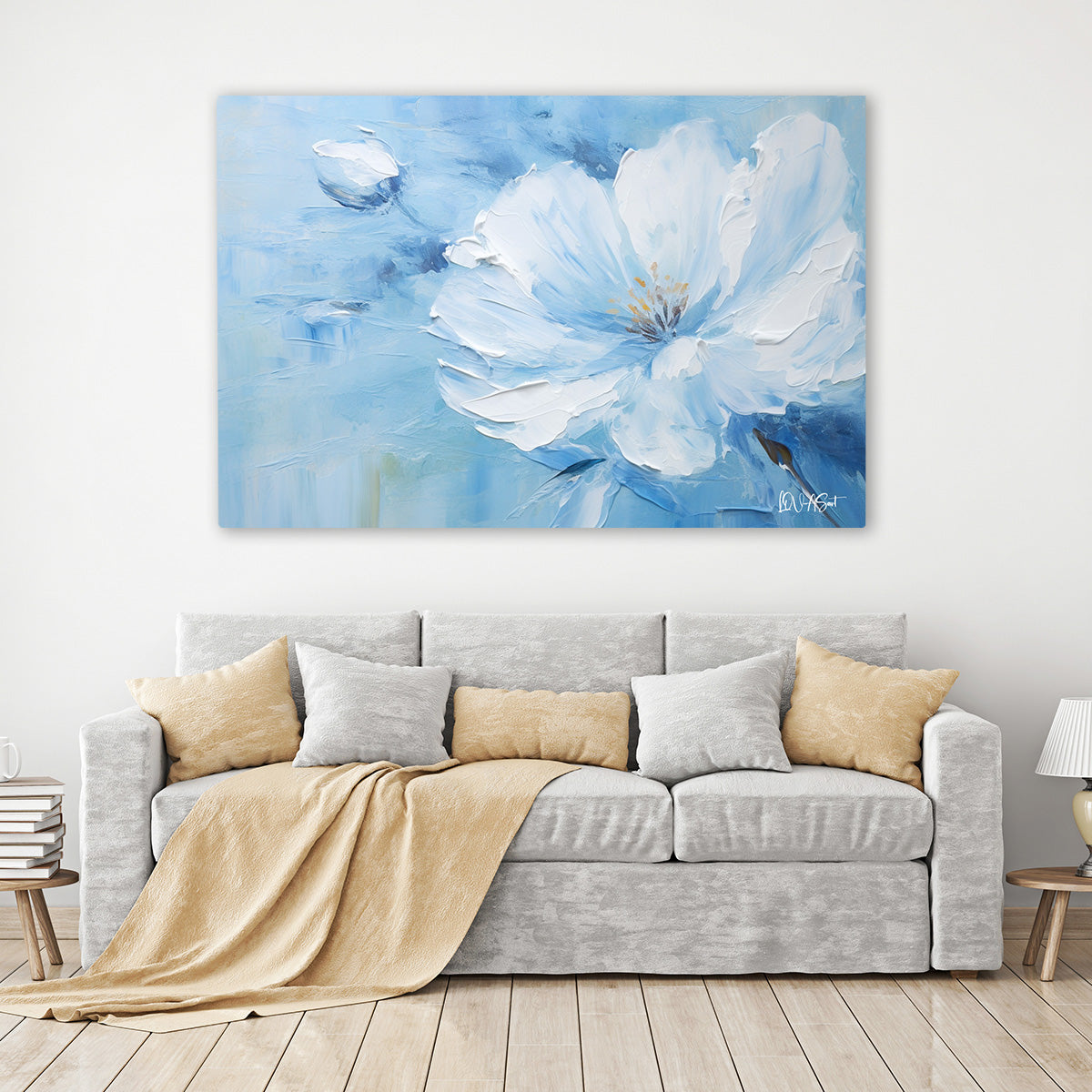 Mavi Beyaz Çiçek Dansı kanvas tablo — iç mekân uygulama örneği