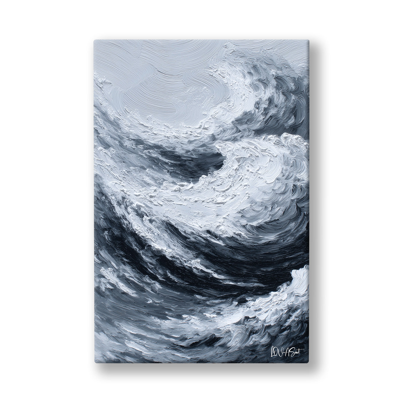 Mavi Beyaz Dalga kanvas tablo — Gri tonlarda kabarıp kıvrılmak üzere olan devasa bir okyanus dalgası.
