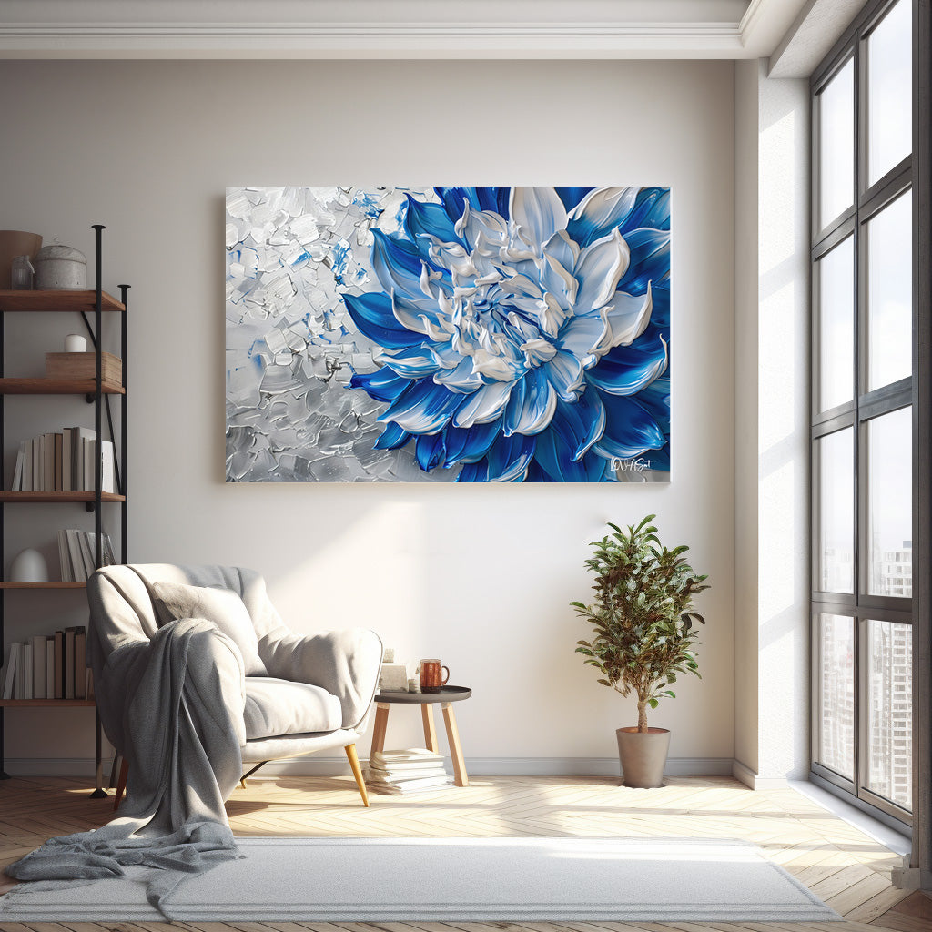 Mavi Beyaz Dalya kanvas tablo — farklı açıdan görünüm