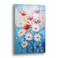 Mavi Beyaz Papatyalar cam tablo — mavi bir zeminde beyaz papatyalar ve kırmızı gelincikler arasında dans eden bir bahar buket