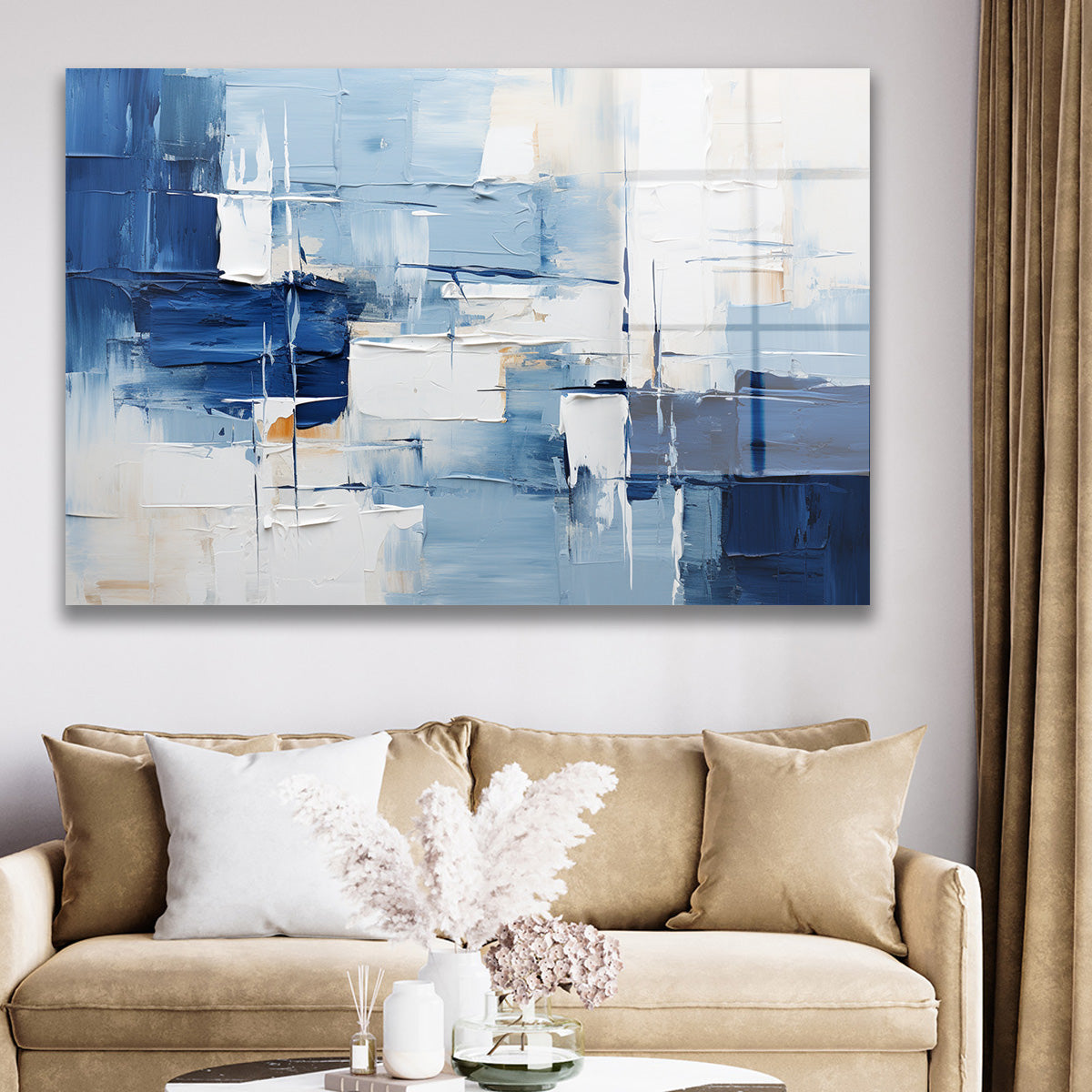 Mavi Beyaz Soyut cam tablo — duvarda dekorasyon görünümü
