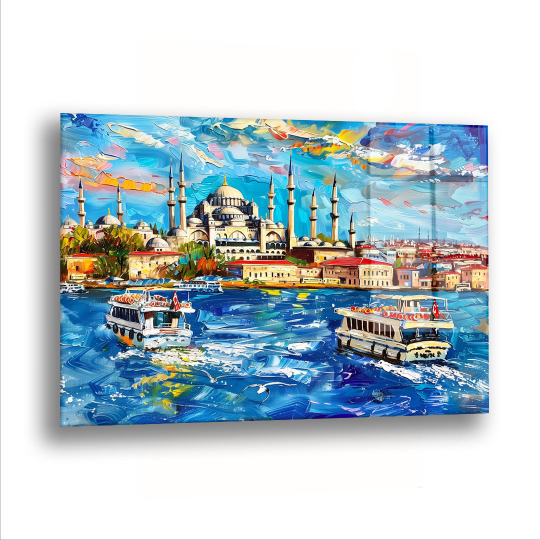Mavi Boğaz Vapurları cam tablo — Boğazın mavisinde iki vapur, arkalarında minareleriyle İstanbul.