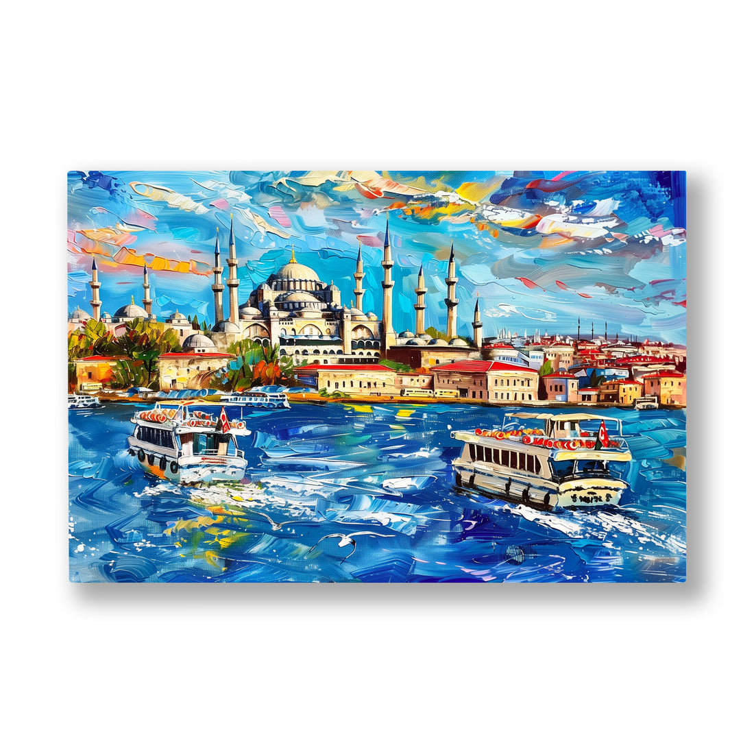 Mavi Boğaz Vapurları kanvas tablo — Boğaz'ın mavi sularında cami siluetine doğru süzülen İstanbul vapurları.