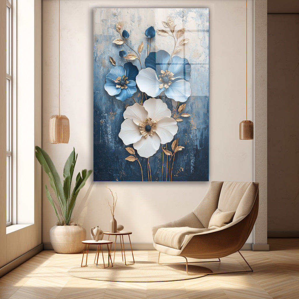 Mavi Çiçekler ve Beyaz Çiçek cam tablo — duvarda dekorasyon görünümü