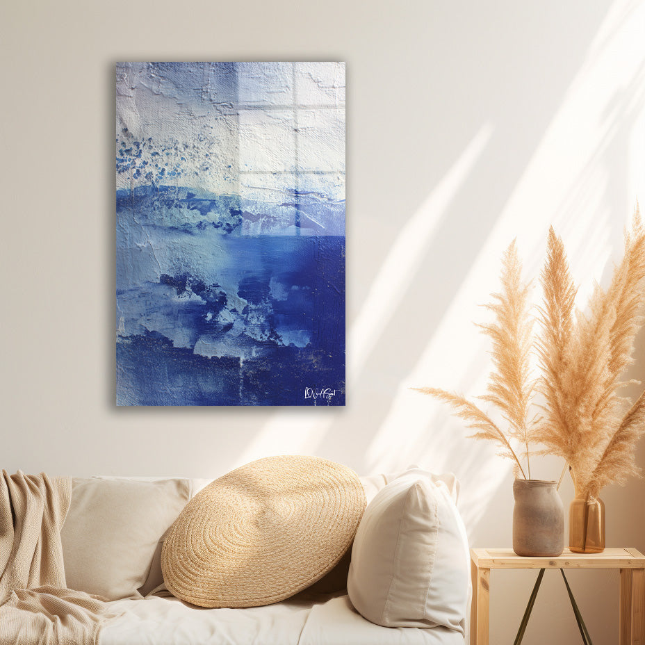 Mavi Dalga Dokusu cam tablo — duvarda dekorasyon görünümü