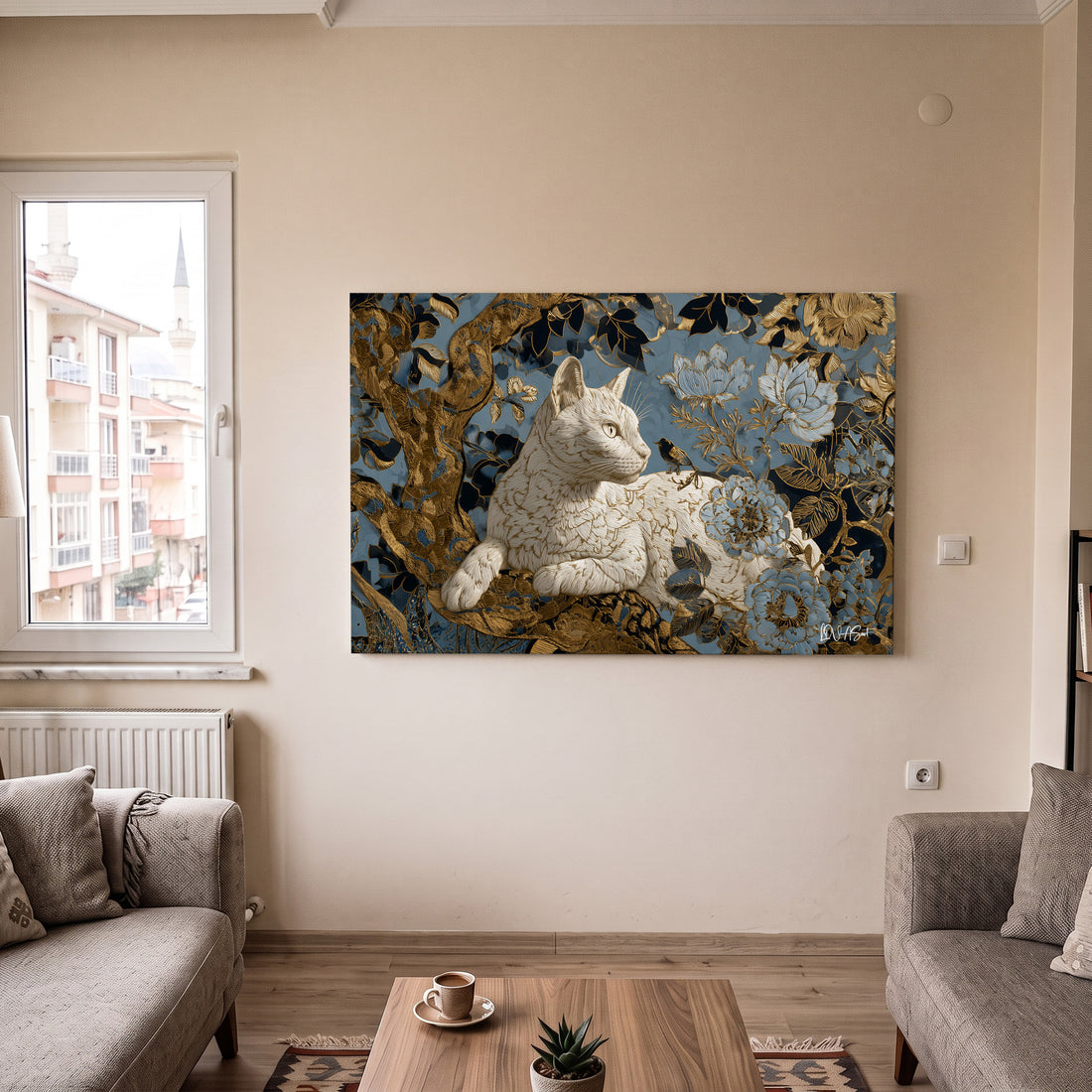 Mavi Desenli Kedi kanvas tablo — detay görünümü