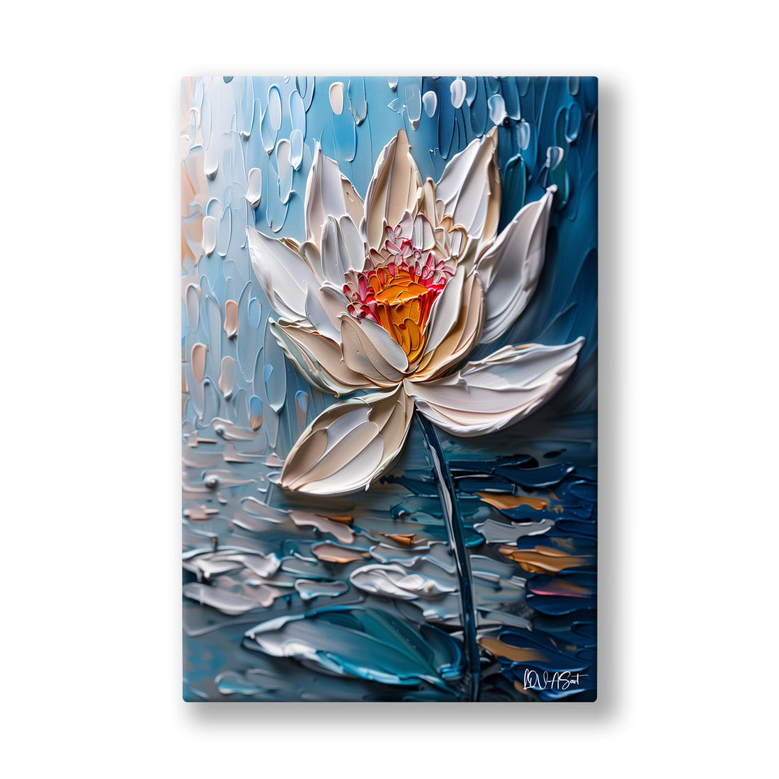 Mavi Fonda Beyaz Lotus kanvas tablo — Damlaların düştüğü mavi suyun üstünde beyaz bir lotus usulca açılıyor.