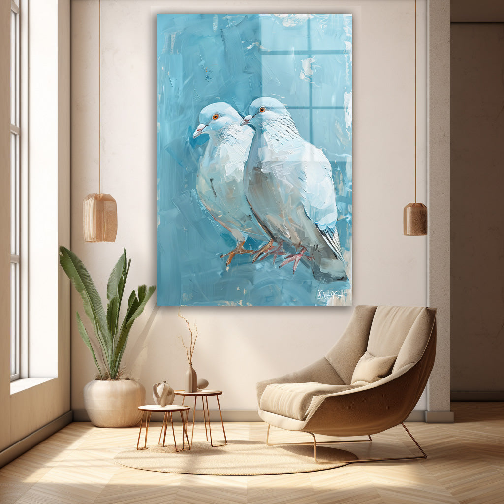 Mavi Fonda Güvercinler cam tablo — duvarda dekorasyon görünümü
