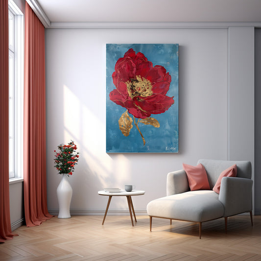Mavi Fonda Şakayık kanvas tablo — duvarda dekorasyon görünümü