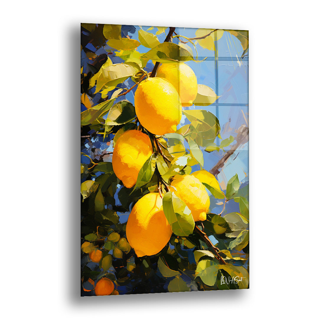 Mavi Gökte Limonlar cam tablo — parlak mavi bir gökyüzünün altında, dalında sarkan olgun limonları canlı renklerle resmediyor