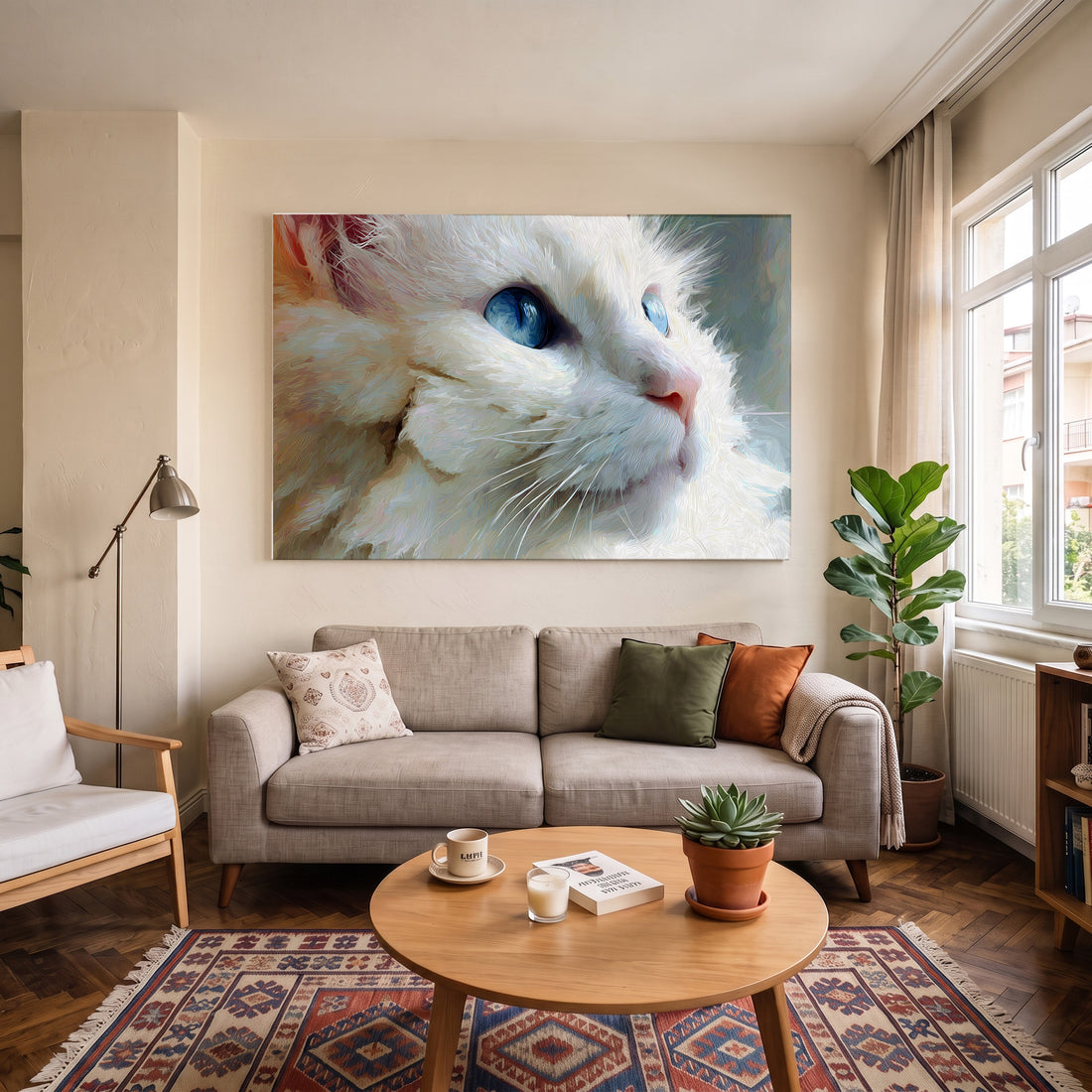 Mavi Gözlü Beyaz Kedi kanvas tablo — duvarda dekorasyon görünümü