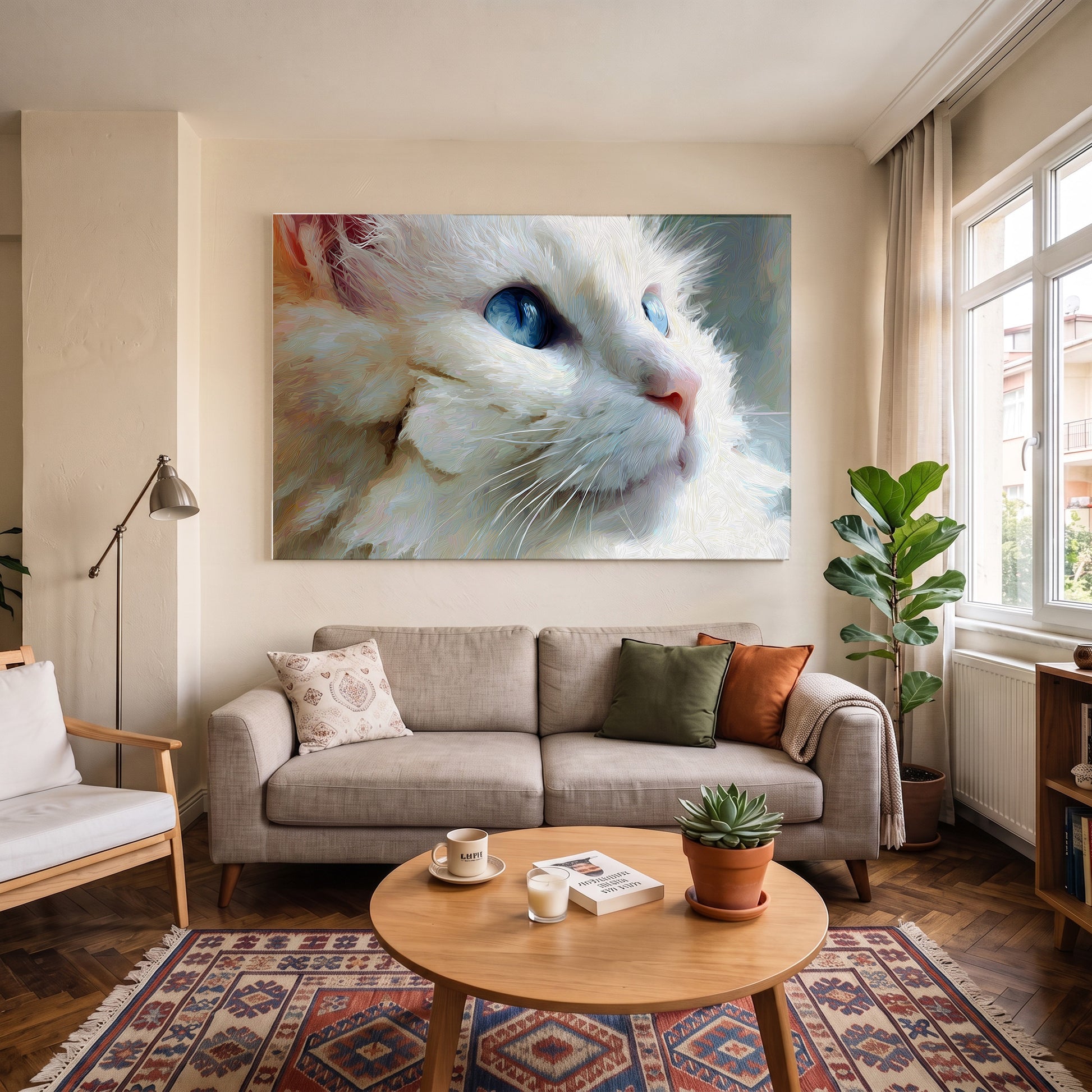 Mavi Gözlü Beyaz Kedi kanvas tablo — duvarda dekorasyon görünümü