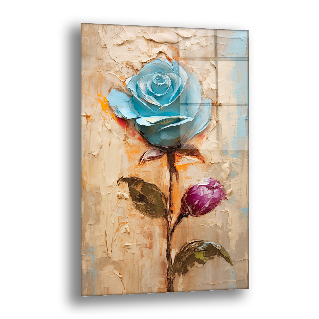 Mavi Gül 3 cam tablo — bej ve kum tonlu bir zeminde sapıyla birlikte duran soluk turkuaz bir gülü, yanında mor bir goncayla a
