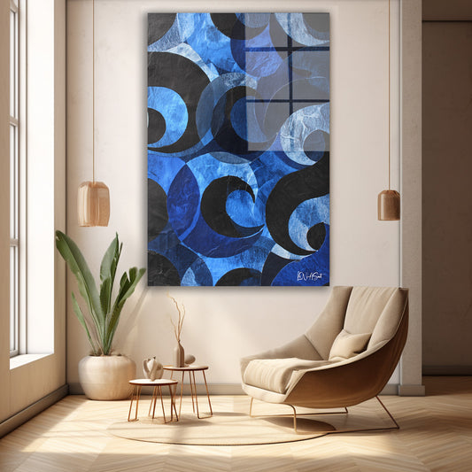 Mavi Hilal Deseni cam tablo — duvarda dekorasyon görünümü