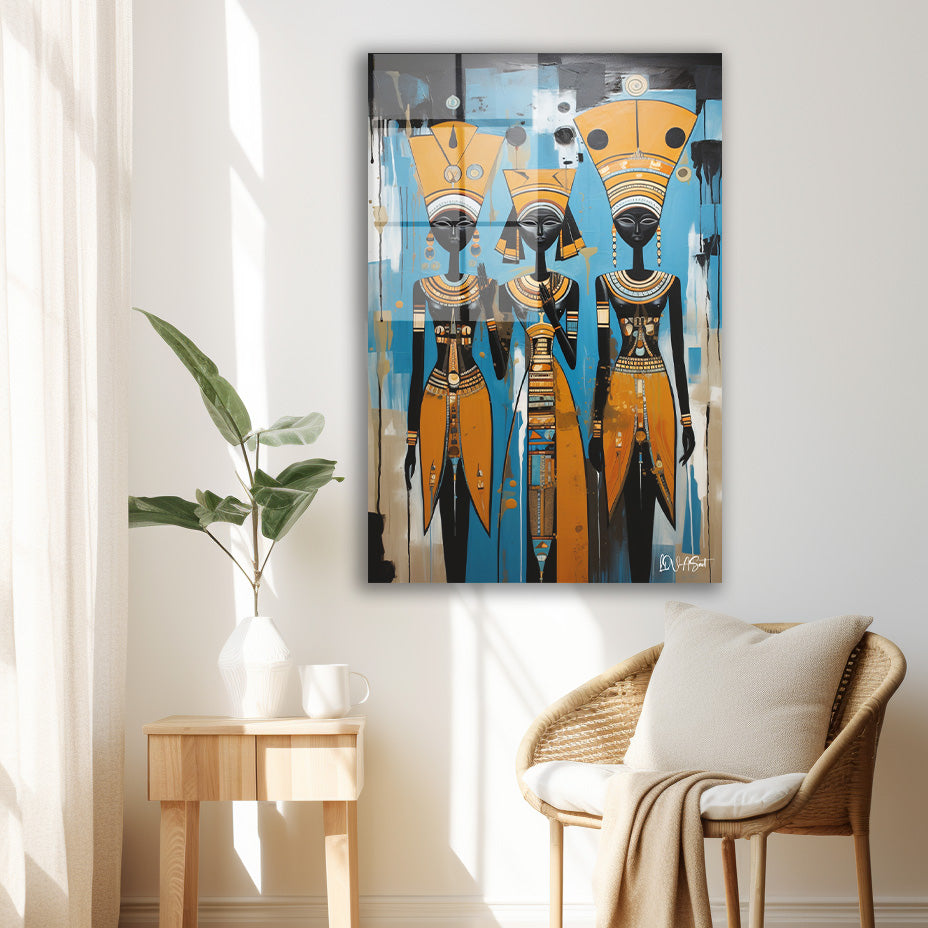 Mavi Mısır Üçlüsü cam tablo — iç mekân uygulama örneği