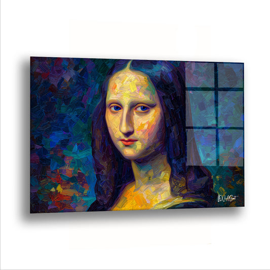 Mavi Mona Lisa cam tablo — Tanıdık gülümseme, bu kez bambaşka bir renk diliyle karşımızda.