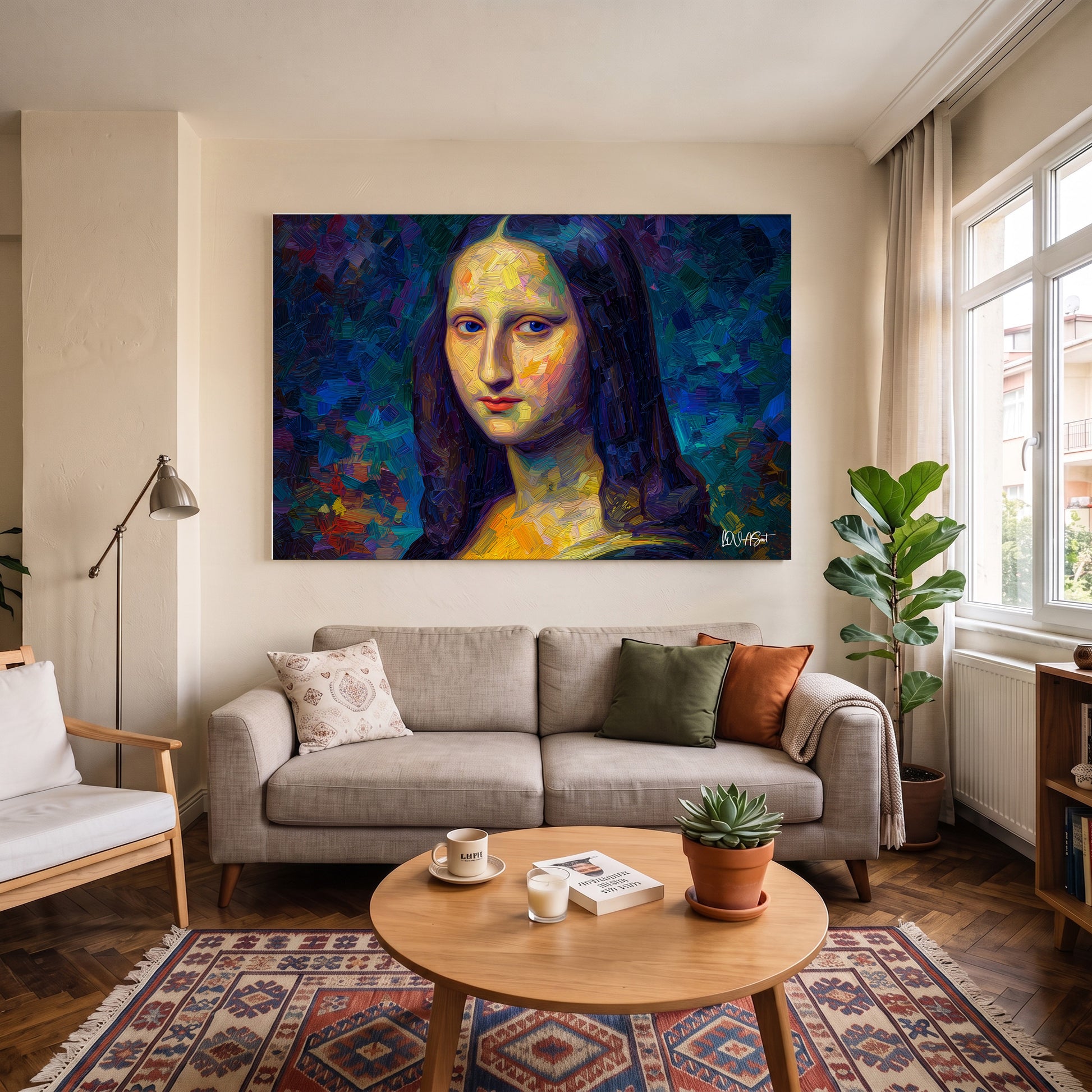 Mavi Mona Lisa kanvas tablo — duvarda dekorasyon görünümü