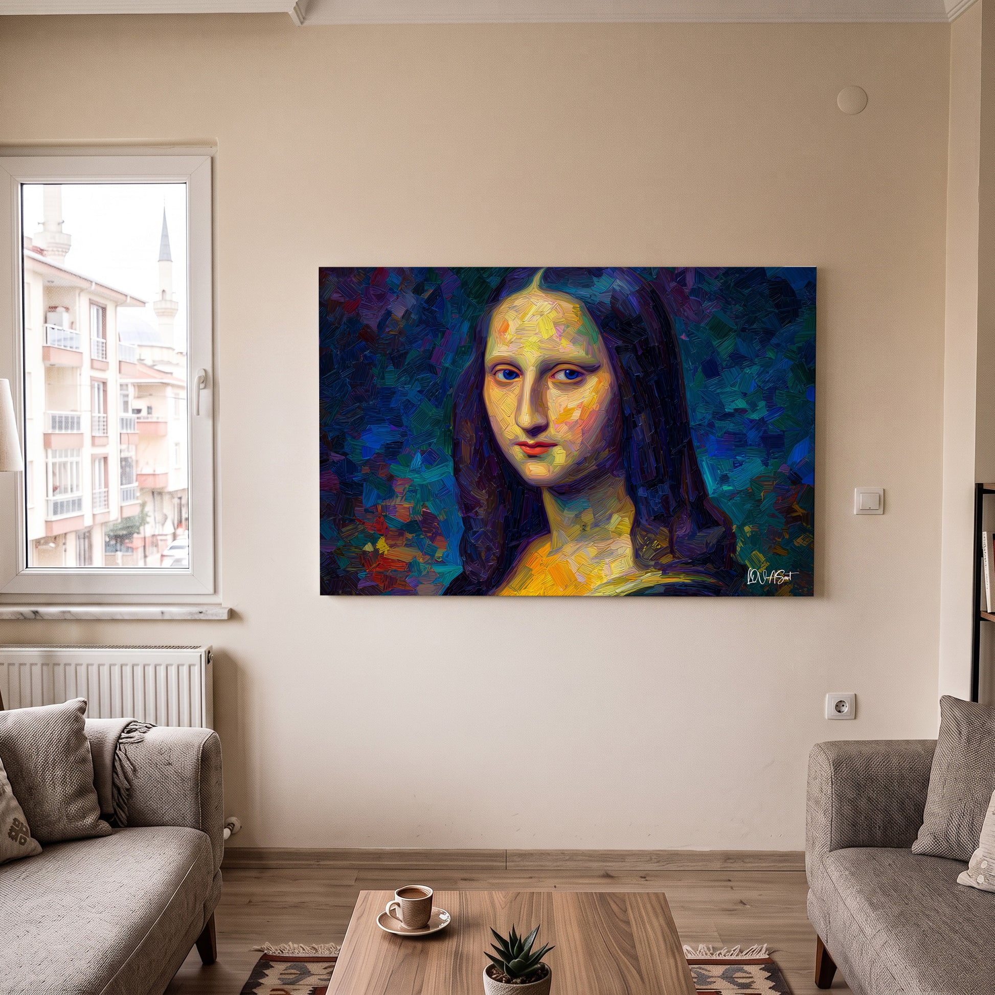 Mavi Mona Lisa kanvas tablo — detay görünümü