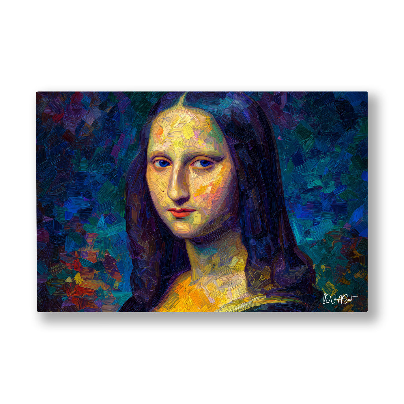 Mavi Mona Lisa kanvas tablo — Mona Lisa mavi ve altın fırça darbeleriyle yeniden yorumlanmış.