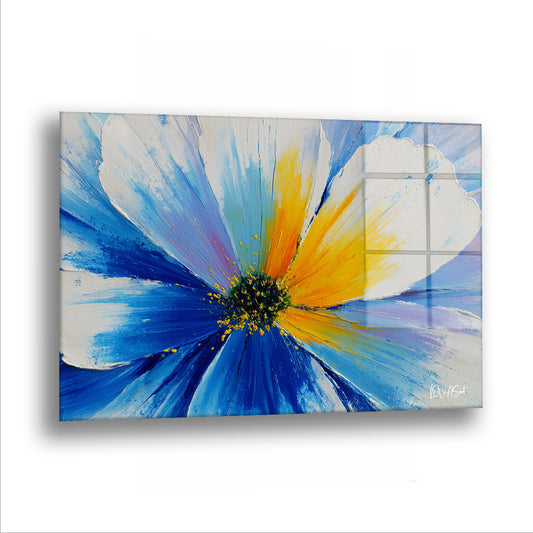 Mavi Papatya 2 cam tablo — Tek bir çiçek, taç yapraklarını sonuna kadar açarak bütün kareyi kaplamış.