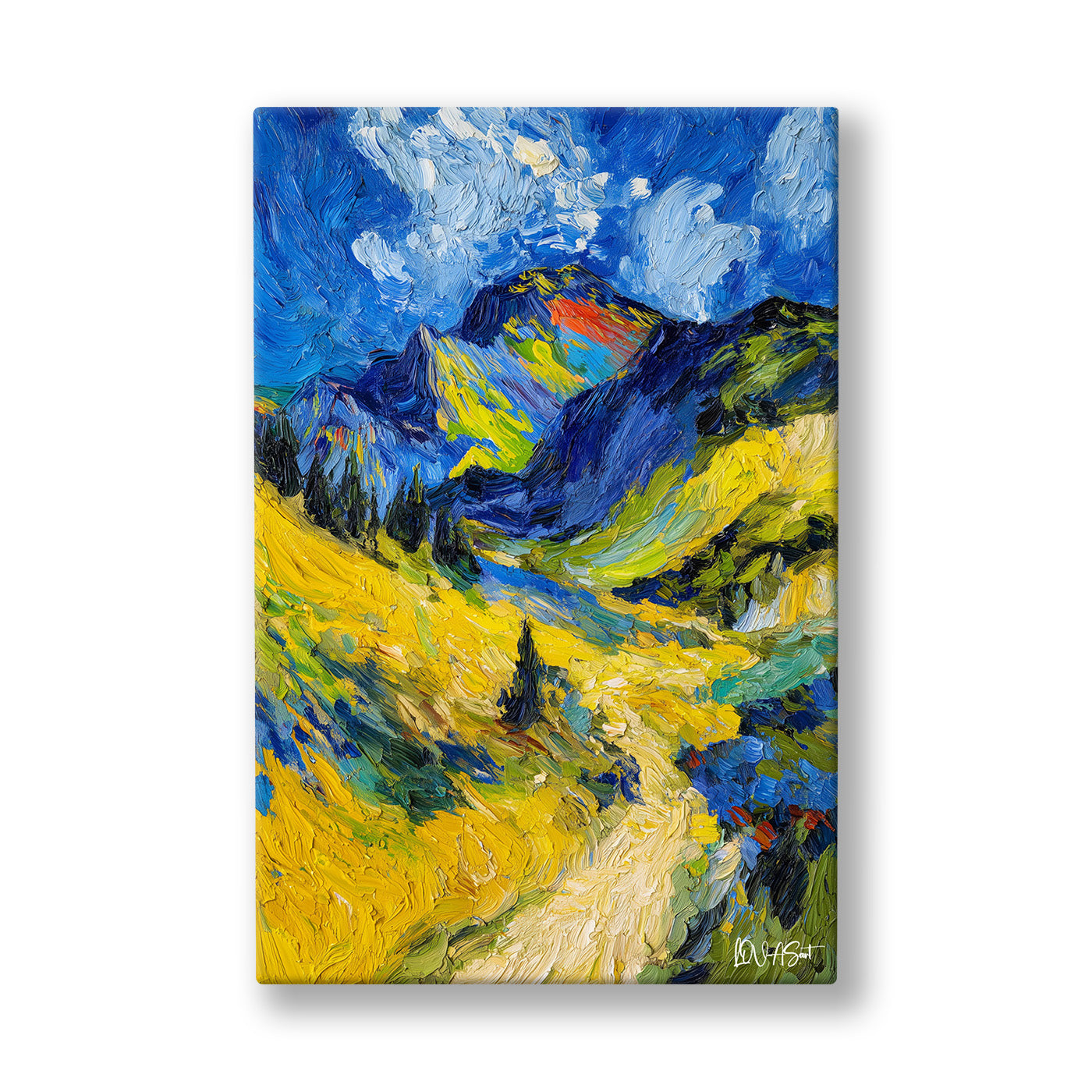 Mavi Sarı Dağlar kanvas tablo — Sarı bir patikanın kıvrıldığı, mavi girdaplarla dalgalanan tepeler.