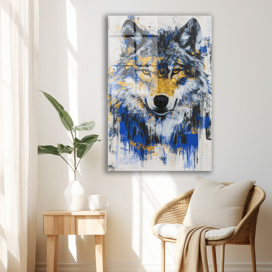 Mavi Sarı Kurt Portresi cam tablo — duvarda dekorasyon görünümü