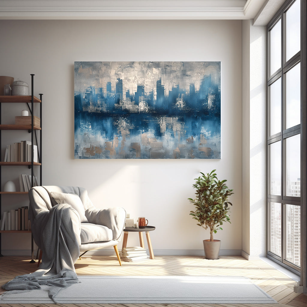 Mavi Şehir Silüeti kanvas tablo — farklı açıdan görünüm