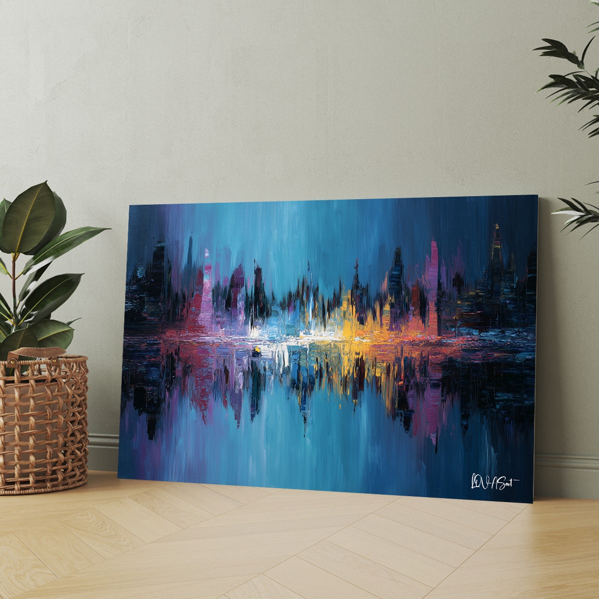 Mavi Şehir Yansıması 2 kanvas tablo — iç mekân uygulama örneği