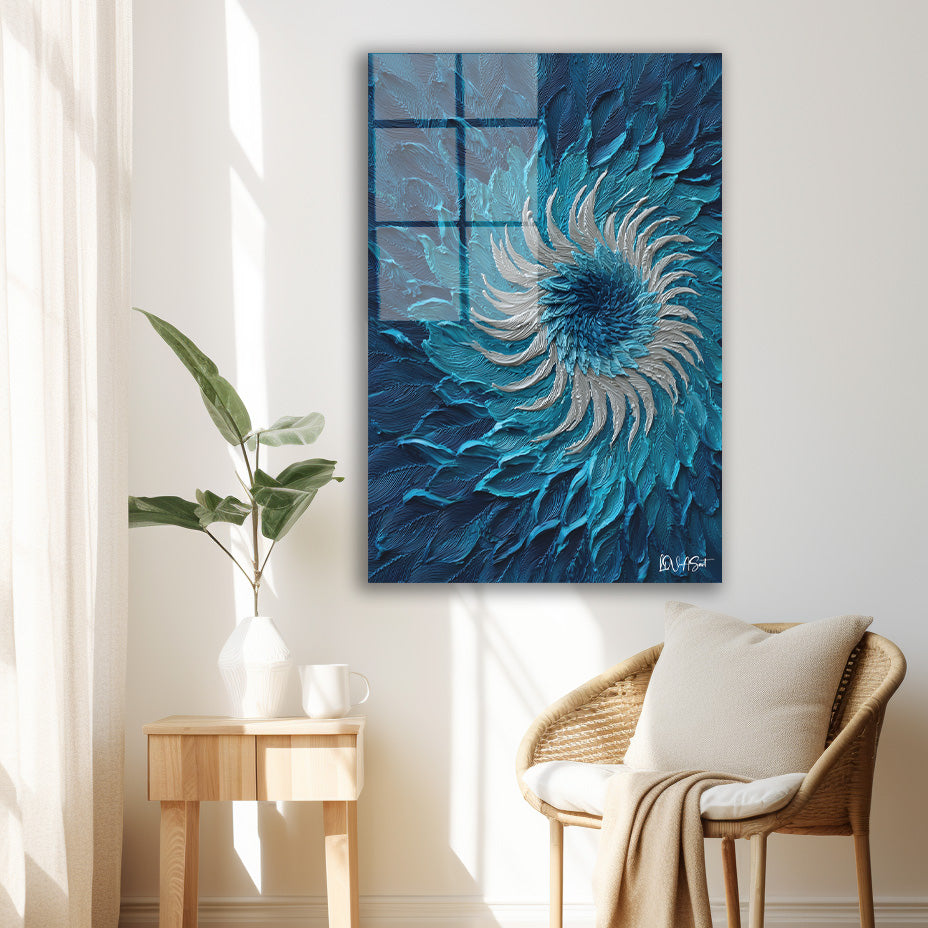 Mavi Spiral cam tablo — iç mekân uygulama örneği
