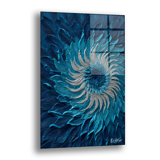 Mavi Spiral cam tablo — koyu teal bir merkezden dışa doğru yayılan gümüş ve turkuaz spiral kolların, tüy ve petal benzeri bir