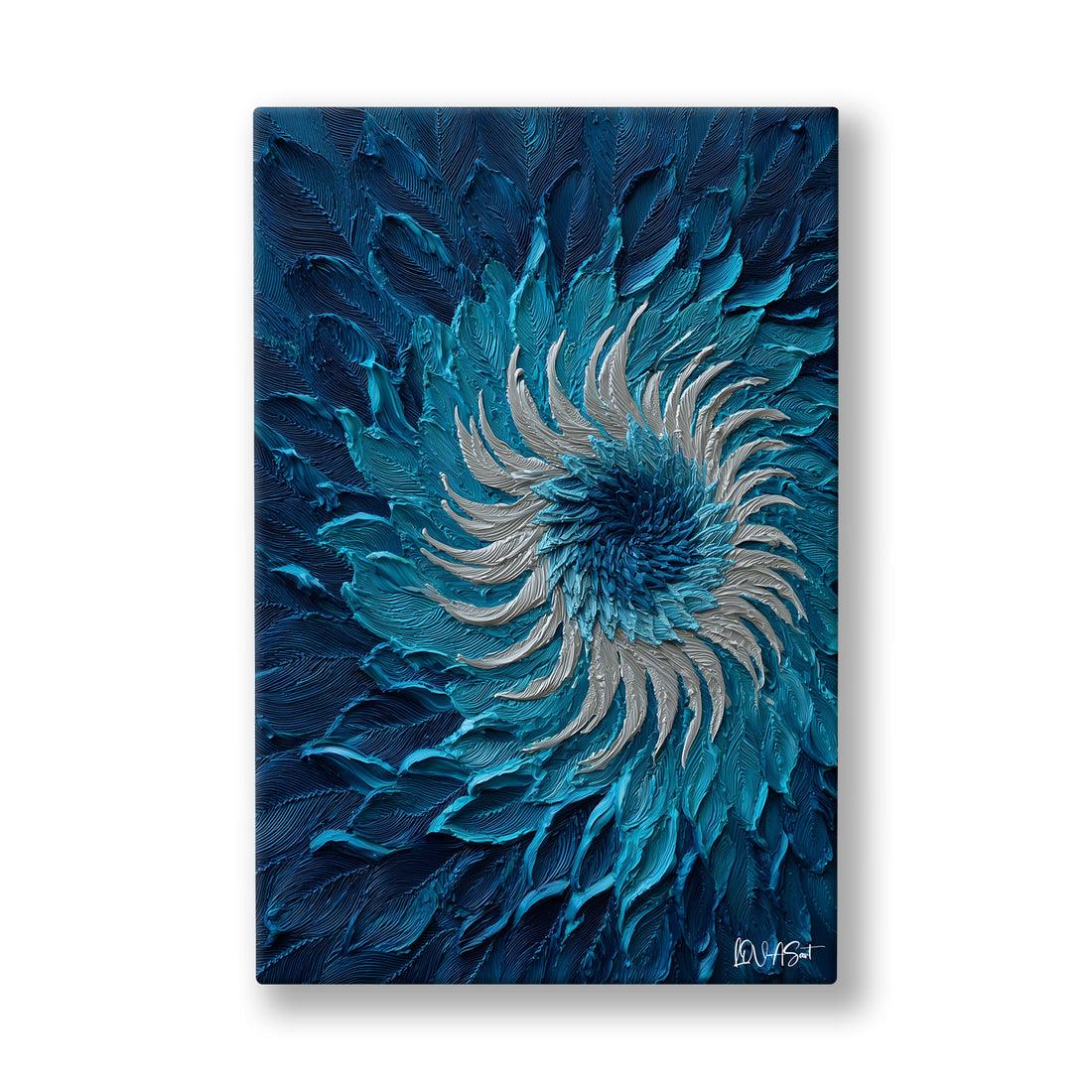 Mavi Spiral kanvas tablo — Koyu turkuaz yaprakların merkeze doğru sarmal biçimde döndüğü bir spiral.