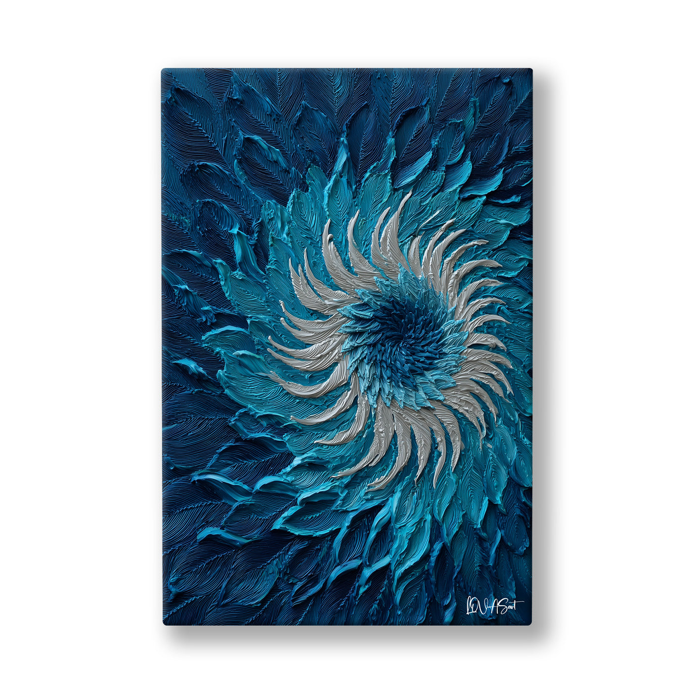 Mavi Spiral kanvas tablo — Koyu turkuaz yaprakların merkeze doğru sarmal biçimde döndüğü bir spiral.