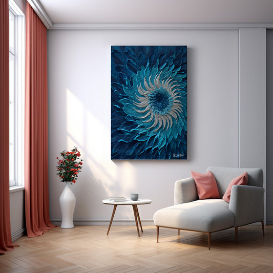 Mavi Spiral kanvas tablo — duvarda dekorasyon görünümü