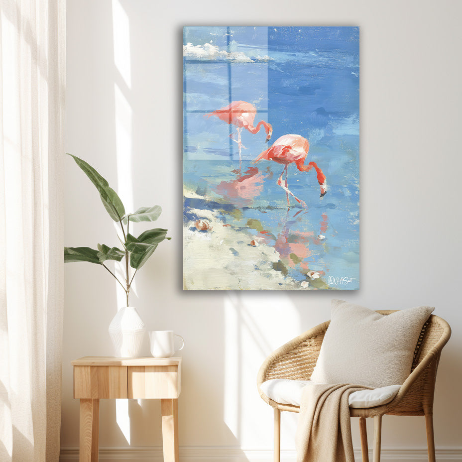 Mavi Suda İki Flamingo cam tablo — iç mekân uygulama örneği