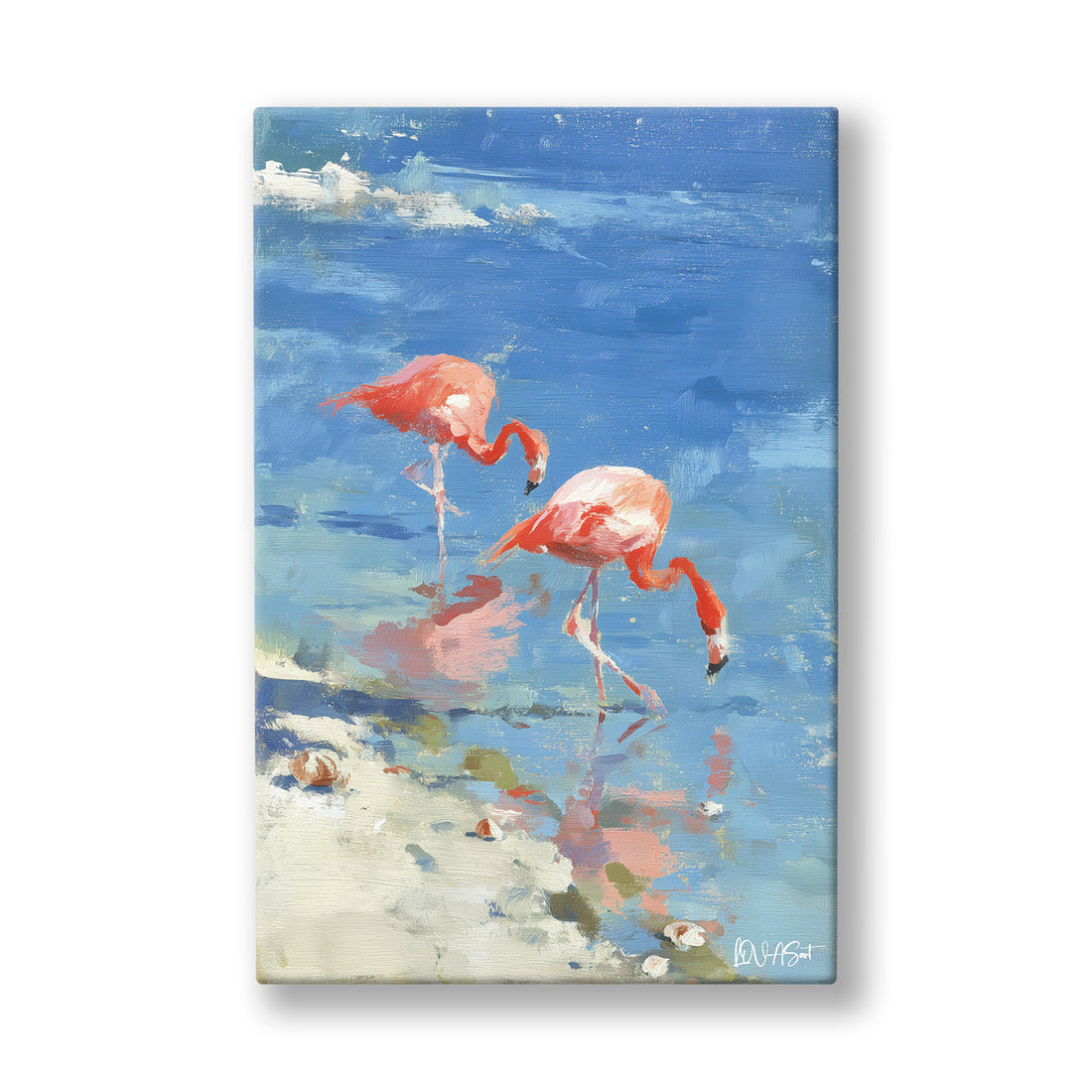 Mavi Suda İki Flamingo kanvas tablo — Sığ mavi suda boyunlarını uzatmış, yansımalarıyla duran iki flamingo.