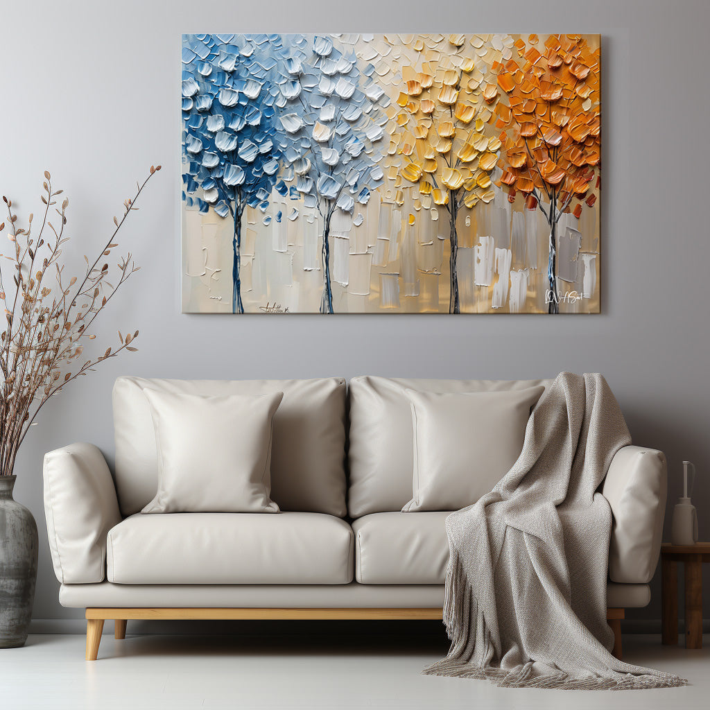 Mavi Turuncu Ağaçlar kanvas tablo — duvarda dekorasyon görünümü