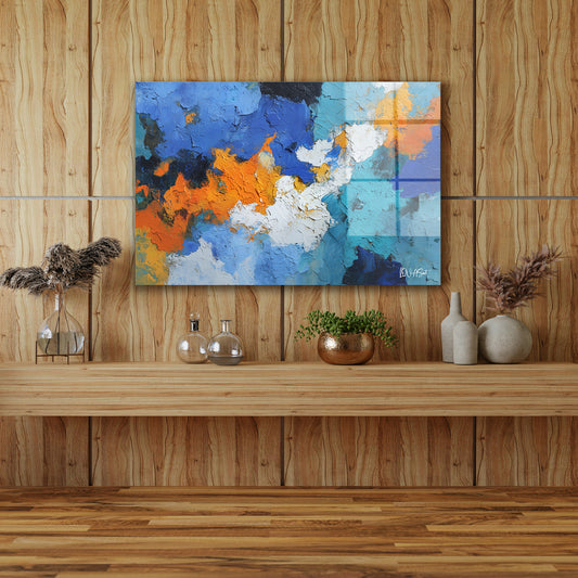 Mavi Turuncu Soyut cam tablo — farklı açıdan görünüm