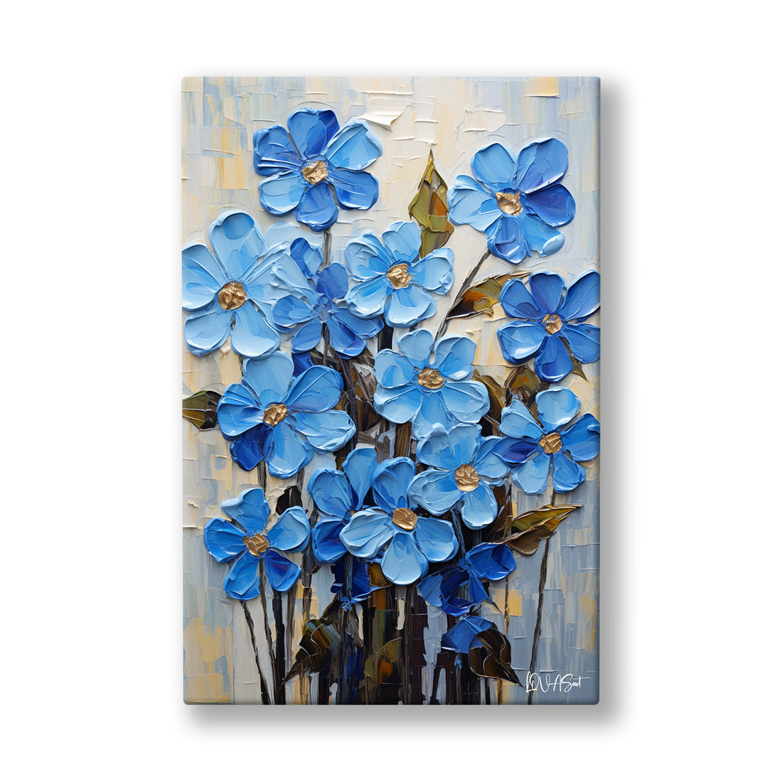 Mavi Unutmabeni kanvas tablo — Bej bir zeminde bir araya toplanmış mavi unutmabeni çiçekleri açıyor.