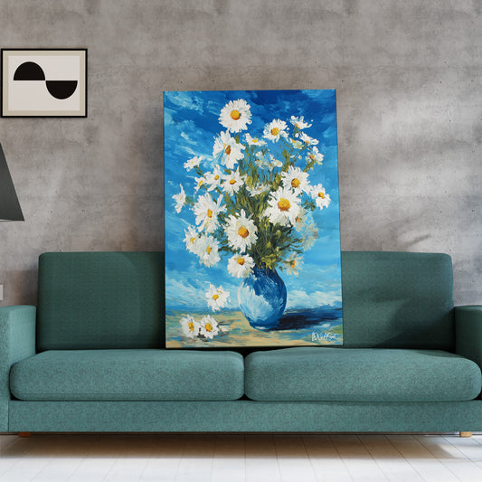 Mavi Vazoda Papatyalar kanvas tablo — duvarda dekorasyon görünümü