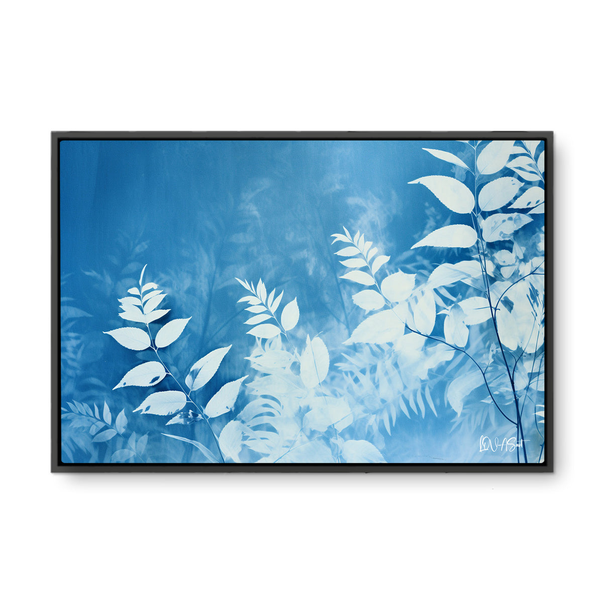 Mavi Yaprak Deseni - Kalın Metal Çerçeveli Kanvas Tablo