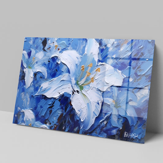 Mavi Zambaklar cam tablo — iç mekân uygulama örneği