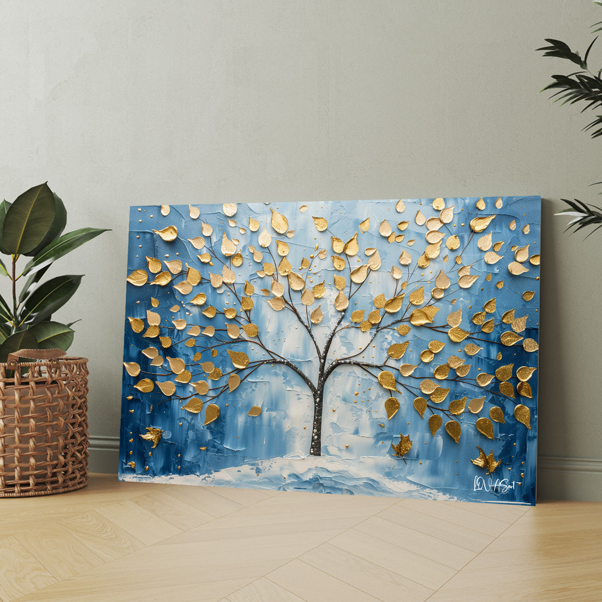 Mavi Zeminde Altın Ağaç kanvas tablo — iç mekân uygulama örneği