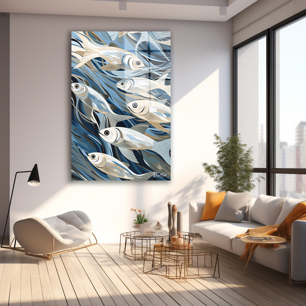 Mavi Zeminde Balık Sürüsü cam tablo — farklı açıdan görünüm