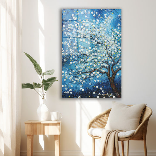 Mavi Zeminde Çiçekli Ağaç 2 cam tablo — iç mekân uygulama örneği